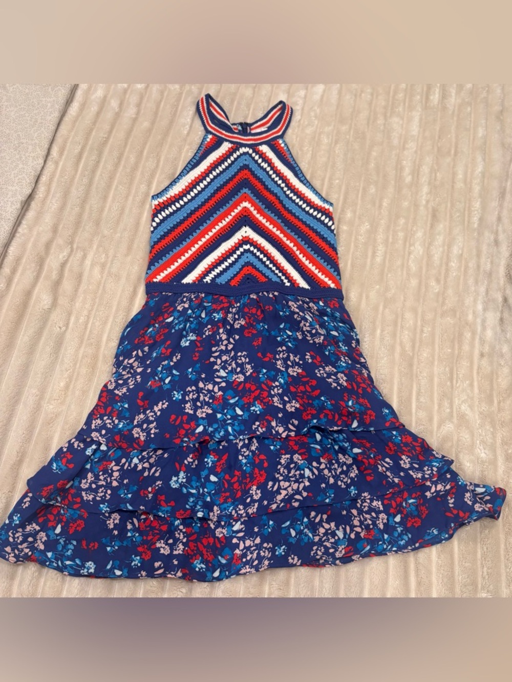 🇺🇸 Parker Crochet Top Floral Ruffle Dress Patriotic XS - Picture 2 of 7